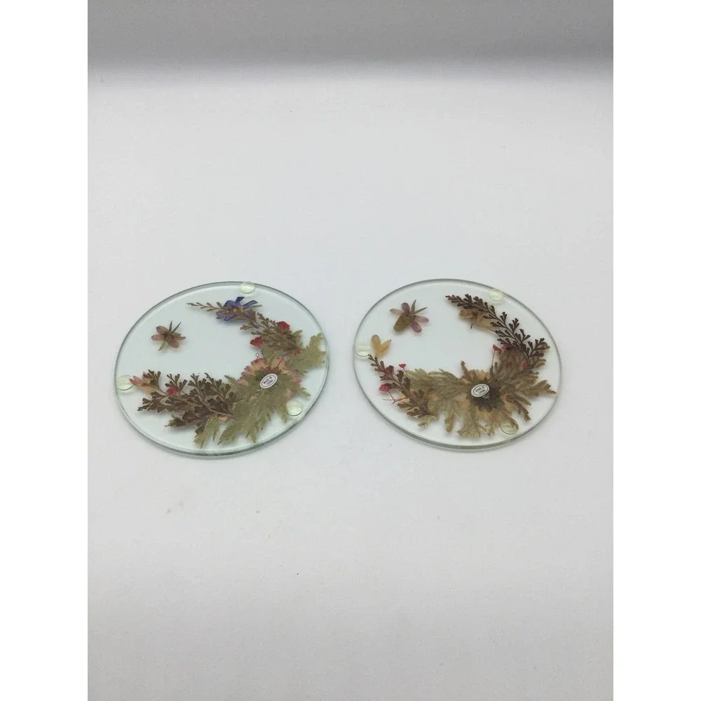 Pair‎ Dried floral glass coasters real flowers cottagecore garden farm shabby